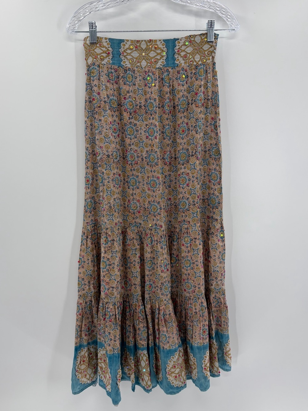 Bell by Alicia bell tiered ruffle hem smocked waist sequin silk maxi skirt xs 25